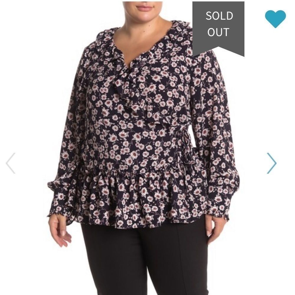 NWT! Everleigh Print Ruffle Wrap Blouse Navy/Rust
